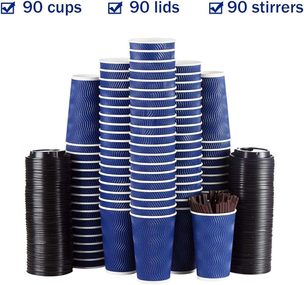 Disposable Coffee Cups with Lids and Straws - 16 oz (90 Set) Togo Hot Paper Coffee Cup with Lid To Go for Hot/Cold Beverages Espresso Tea Insulated Reusable Cold Drinks Ripple Cups Protect Fingers! - Image 7