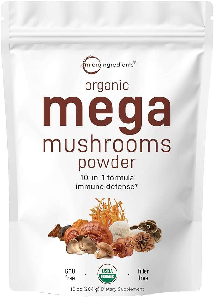 Micro Ingredients Organic Mega Mushroom Powder,10 Ounce (284 Days Supply) | 10 in 1 Complex Formula for Immune System Booster | Chaga, Lions Mane, Cordyceps, Reishi & More | Filler Free, Vegan - Image 1