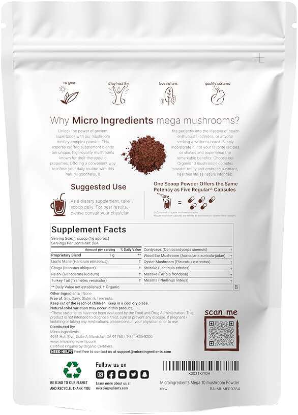 Micro Ingredients Organic Mega Mushroom Powder,10 Ounce (284 Days Supply) | 10 in 1 Complex Formula for Immune System Booster | Chaga, Lions Mane, Cordyceps, Reishi & More | Filler Free, Vegan - Image 2