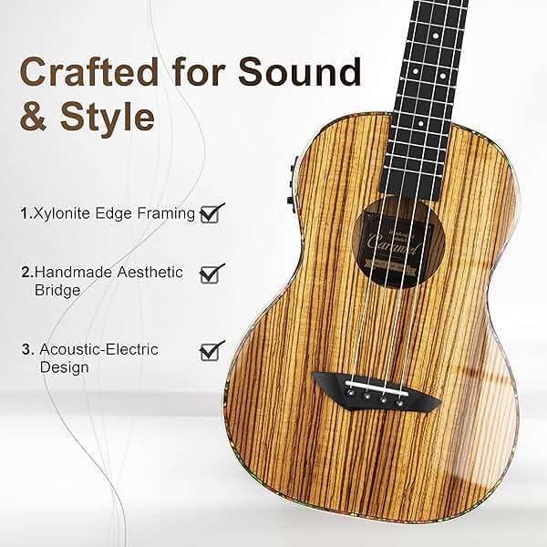 Caramel 30 inch CB103 Zebra wood High Gloss Baritone LCD color display Electric Ukulele Professional Ukelele Kit Beginner Travel Guitar Starter Pack Bundle, Padded Gig Bag, Strap Set - Image 2