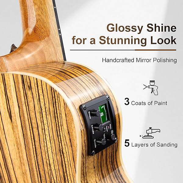 Caramel 30 inch CB103 Zebra wood High Gloss Baritone LCD color display Electric Ukulele Professional Ukelele Kit Beginner Travel Guitar Starter Pack Bundle, Padded Gig Bag, Strap Set - Image 4