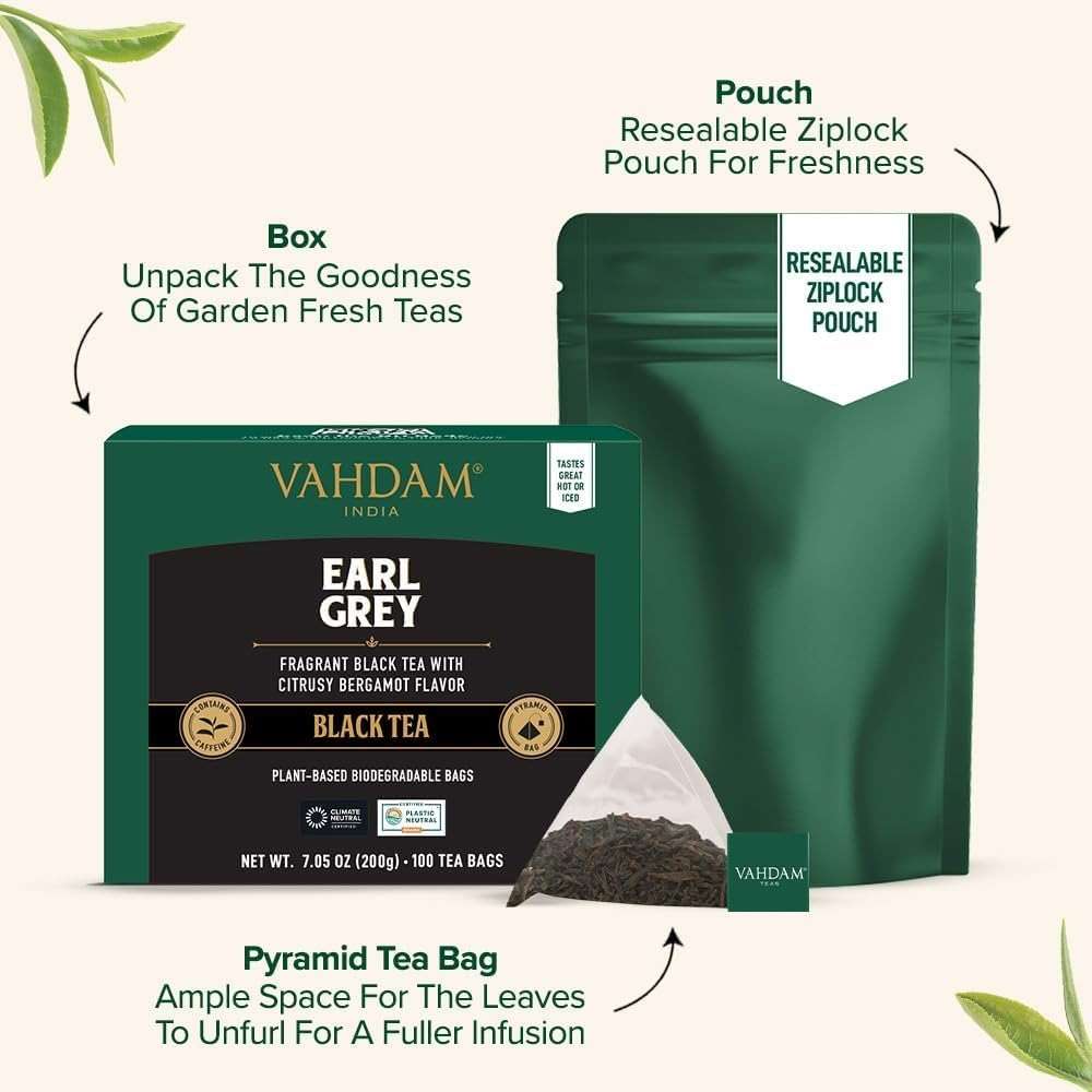 VAHDAM, Earl Grey Black Tea Bags (100 Count) Medium Caffeine, Non GMO, Gluten Free | Citrus Bergamot & Smooth | Resealable Ziplock Pouch | Plant Based Tea Bags - Image 4