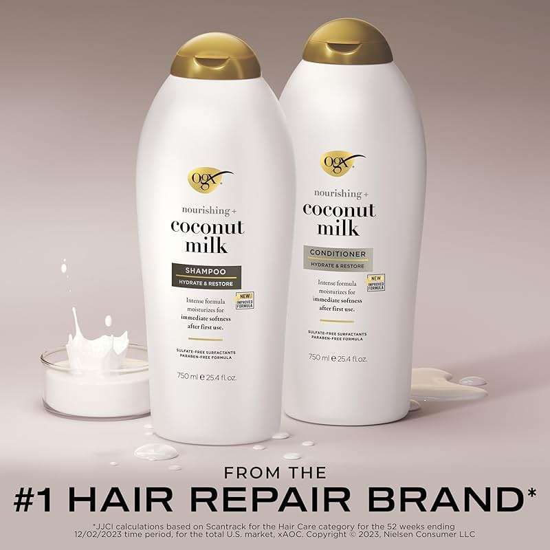 OGX Shampoo and Conditioner Set, Nourishing + Coconut Milk, Shampoo and Conditioner for Moisturizing & Strengthening Hair Care, Formulated without Sulfated Surfactants, 25.4 FL OZ, 2 Pack - Image 2