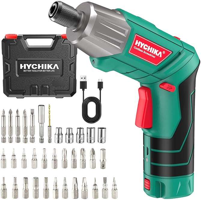 Cordless Screwdriver, HYCHIKA 4V 2.0Ah Electric Screwdriver Rechargeable Screw Gun & Bit Set, Front LED and Rear Flashlight, Ratchet Wrench, DC Charging with USB Cable, 36pcs Accessories - Image 1