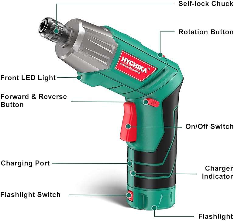Cordless Screwdriver, HYCHIKA 4V 2.0Ah Electric Screwdriver Rechargeable Screw Gun & Bit Set, Front LED and Rear Flashlight, Ratchet Wrench, DC Charging with USB Cable, 36pcs Accessories - Image 3