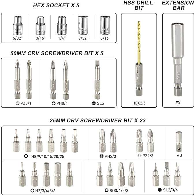 Cordless Screwdriver, HYCHIKA 4V 2.0Ah Electric Screwdriver Rechargeable Screw Gun & Bit Set, Front LED and Rear Flashlight, Ratchet Wrench, DC Charging with USB Cable, 36pcs Accessories - Image 5