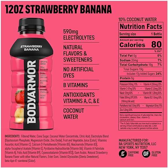 BODYARMOR Sports Drink, Strawberry Banana, Electrolyte Drink Hydration, 12 Fl Oz Bottles (8 Pack), Flavored Coconut Water with B Vitamins & Antioxidants - Image 2