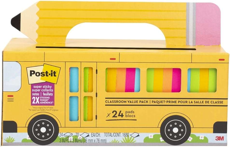 Post-it Super Sticky Notes, 24 Sticky Notes Pads, 3 x 3 in., School Supplies and Oﬃce Supplies, 2X the Sticking Power, Assorted Brights - Image 1