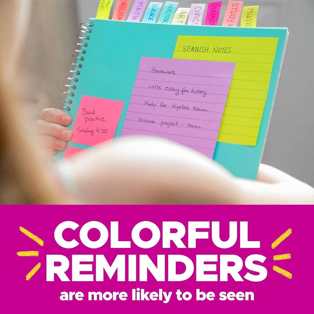 Post-it Super Sticky Notes, 24 Sticky Notes Pads, 3 x 3 in., School Supplies and Oﬃce Supplies, 2X the Sticking Power, Assorted Brights - Image 7
