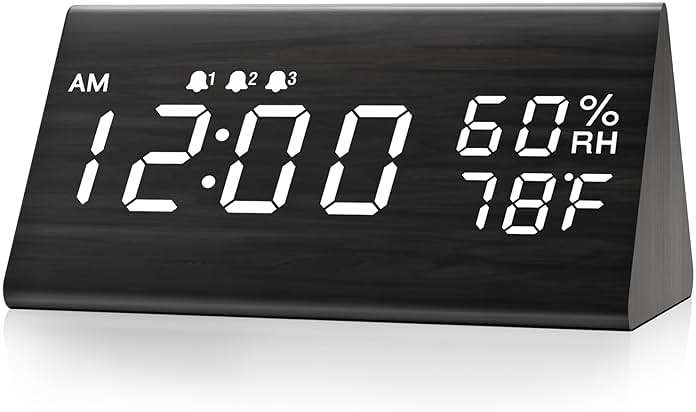 JALL Wooden Digital Alarm Clock for Bedrooms and Office, 3 Alarms with Large Numbers for Beside Table Living Room, Humidity and Temperature, 6-Level Dimmer, Snooze, Loud Desk Clock for Heavy Sleepers - Image 1