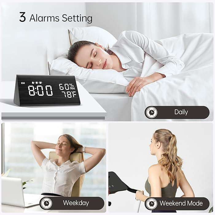 JALL Wooden Digital Alarm Clock for Bedrooms and Office, 3 Alarms with Large Numbers for Beside Table Living Room, Humidity and Temperature, 6-Level Dimmer, Snooze, Loud Desk Clock for Heavy Sleepers - Image 2