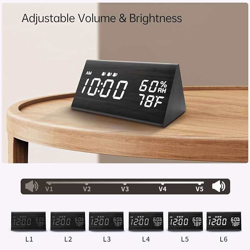 JALL Wooden Digital Alarm Clock for Bedrooms and Office, 3 Alarms with Large Numbers for Beside Table Living Room, Humidity and Temperature, 6-Level Dimmer, Snooze, Loud Desk Clock for Heavy Sleepers - Image 3