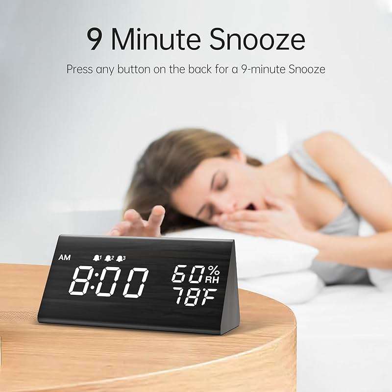JALL Wooden Digital Alarm Clock for Bedrooms and Office, 3 Alarms with Large Numbers for Beside Table Living Room, Humidity and Temperature, 6-Level Dimmer, Snooze, Loud Desk Clock for Heavy Sleepers - Image 4