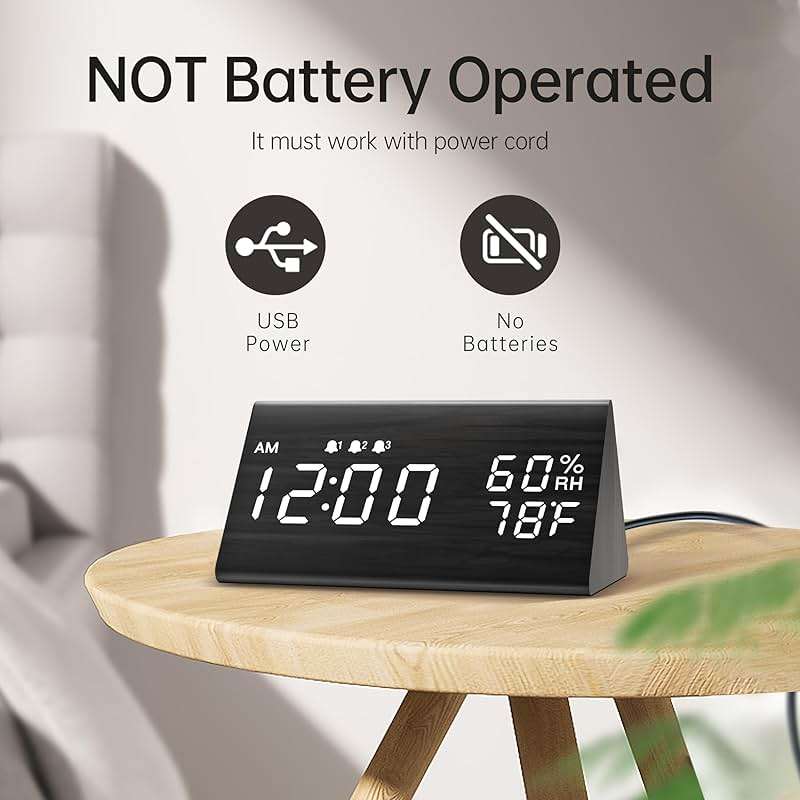 JALL Wooden Digital Alarm Clock for Bedrooms and Office, 3 Alarms with Large Numbers for Beside Table Living Room, Humidity and Temperature, 6-Level Dimmer, Snooze, Loud Desk Clock for Heavy Sleepers - Image 6