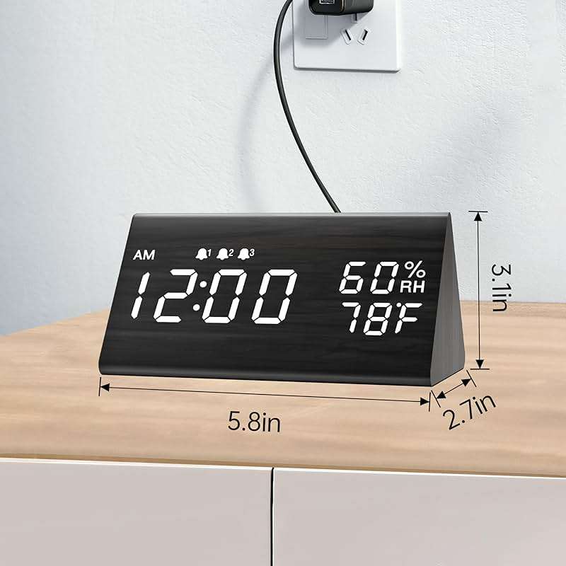 JALL Wooden Digital Alarm Clock for Bedrooms and Office, 3 Alarms with Large Numbers for Beside Table Living Room, Humidity and Temperature, 6-Level Dimmer, Snooze, Loud Desk Clock for Heavy Sleepers - Image 7