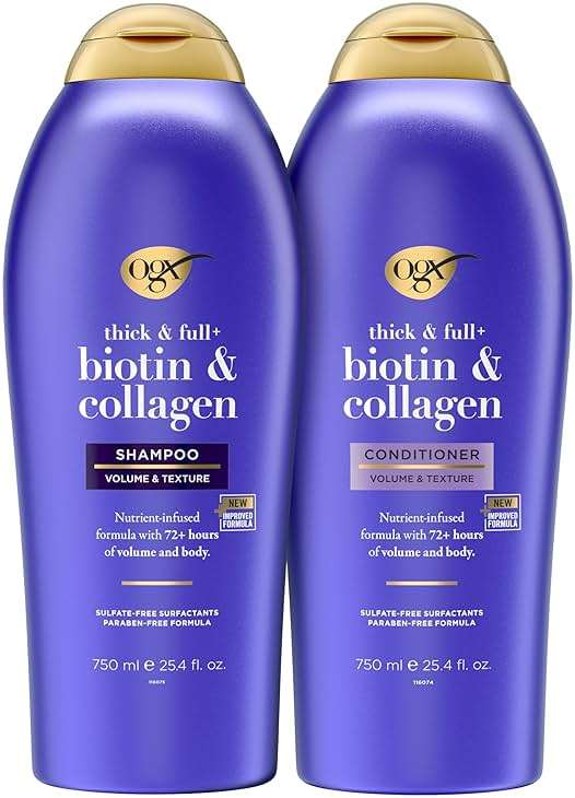 OGX Shampoo and Conditioner Set, Thick and Full + Biotin and Collagen, Purple, Helps Thicken and Texturize Hair, Ideal for Flat to Medium Volume Hair, 25.4 FL OZ, 2 Pack - Image 1