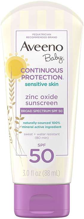 Aveeno Baby Continuous Protection Zinc Oxide SPF 50 Sunscreen for Babies with Sensitive Skin, Broad Spectrum Sun Protection, Tear-Free, Sweat- & Water-Resistant, No added Parabens, 3 Fl Oz - Image 1