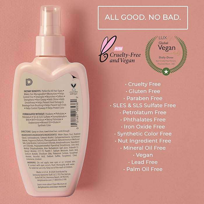 DAILY DOSE Award-Winning Clean Moisture Leave In Conditioner Spray Detangler for Dry, Damaged & Frizzy Hair. Instantly Softens, Smooths & Adds Shine for Kids & Adults. Vegan, Sulfate-Free, Color Safe - Image 3