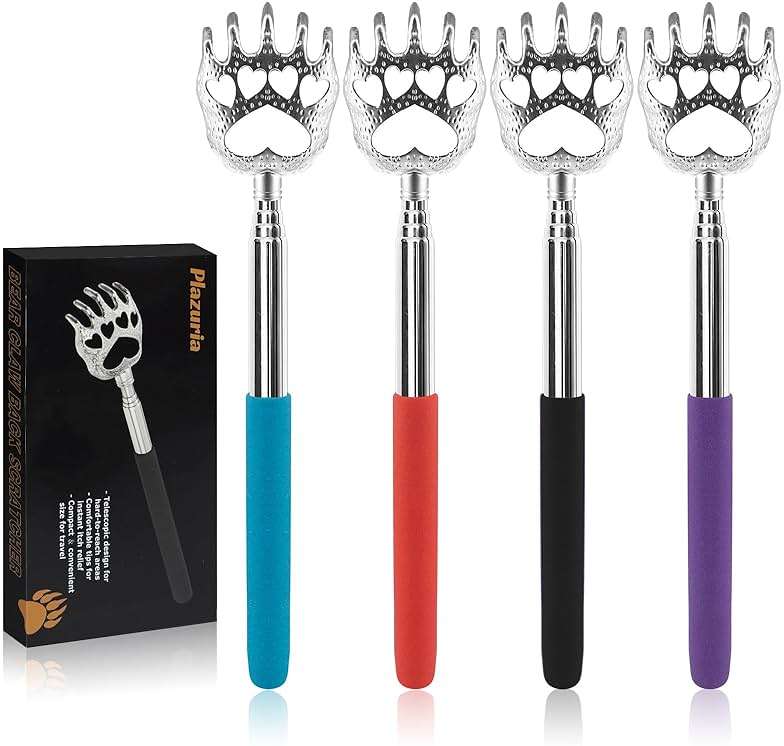 Plazuria (4-Pack) Extendable Back Scratchers - Metal Claws with Telescopic Rubber Handles - Stocking Stuffers for Men, Women, Kids - Image 1