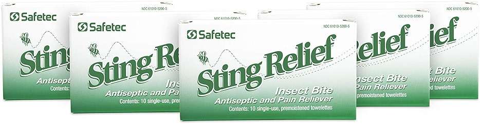 Safetec Sting Relief Wipes 10ct Box (5 Pack of 10ct Wipes - 50 Sting Wipes) for Insect Bites & Stings - Image 1