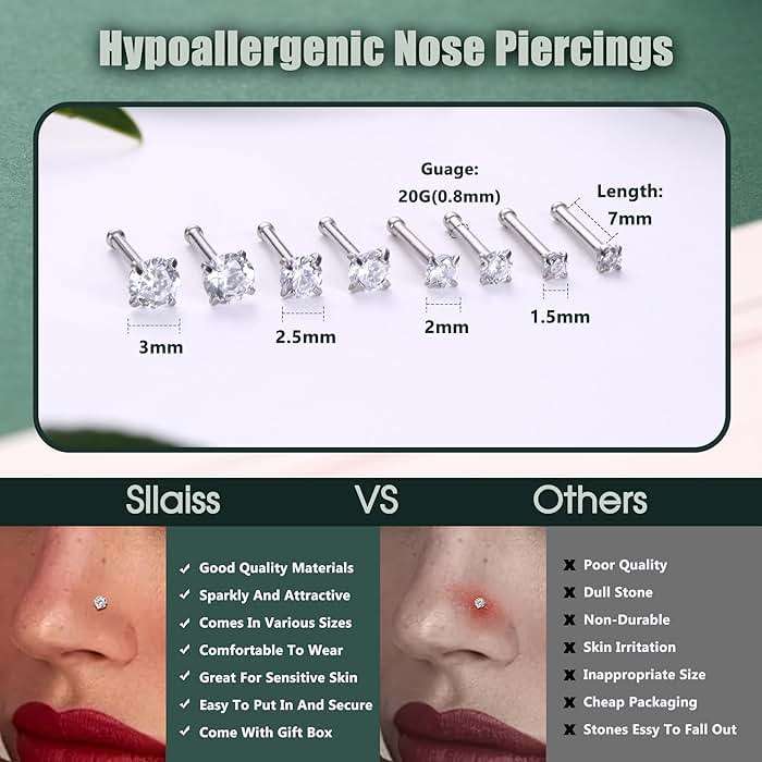 Sllaiss 8 Pcs 20G Nose Ring Studs Made with Austrian Crystal for Women Stainless Steel 1.5mm 2mm 2.5mm 3mm Nose Piercings Set Body Jewelry Hypoallergenic - Image 4