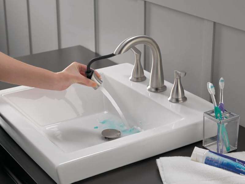 Delta Broadmoor Brushed Nickel Bathroom Faucet with Sprayer, 8 Inch 3 Hole Widespread Bathroom Sink Faucet with Pull Out Sprayer, Push-Pop Drain, SpotShield Stainless 35765LF-SPPD - Image 2