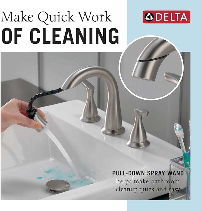 Delta Broadmoor Brushed Nickel Bathroom Faucet with Sprayer, 8 Inch 3 Hole Widespread Bathroom Sink Faucet with Pull Out Sprayer, Push-Pop Drain, SpotShield Stainless 35765LF-SPPD - Image 4