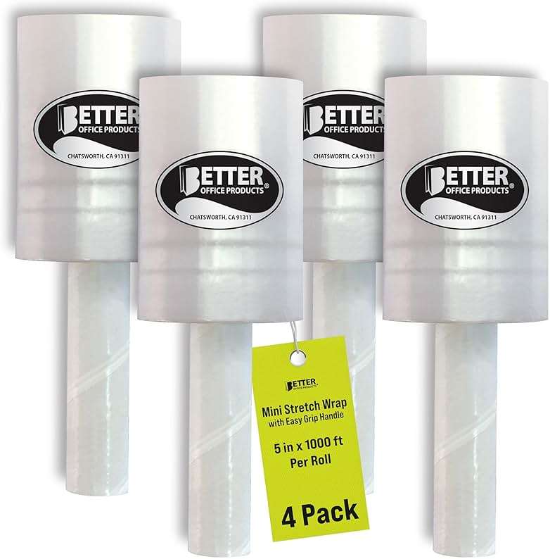 Better Office Products 4 Pack Mini Stretch Wrap with Easy Grip Handle, Self-Dispensing, 5 in x 1000 ft Per Roll, 80 Gauge, Mini Shrink Wrap, Industrial Film, for Moving and Shipping, 4 Pack - Image 1