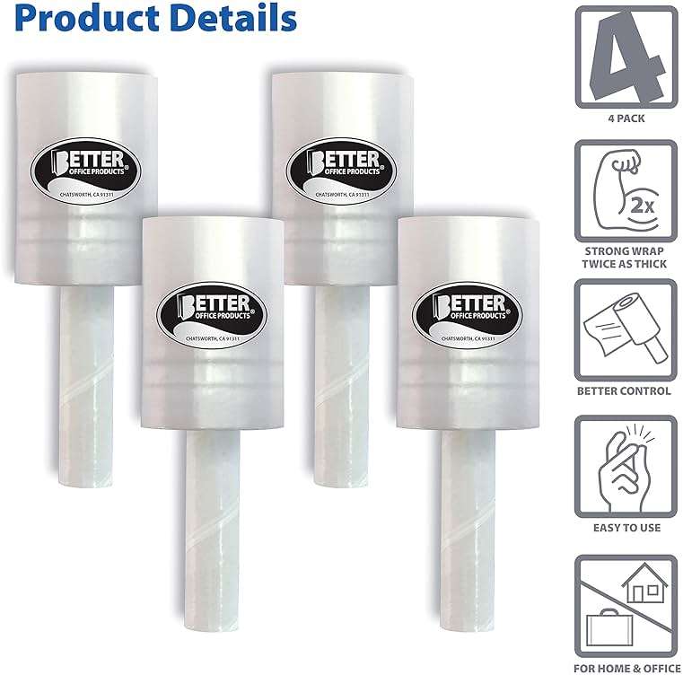 Better Office Products 4 Pack Mini Stretch Wrap with Easy Grip Handle, Self-Dispensing, 5 in x 1000 ft Per Roll, 80 Gauge, Mini Shrink Wrap, Industrial Film, for Moving and Shipping, 4 Pack - Image 4