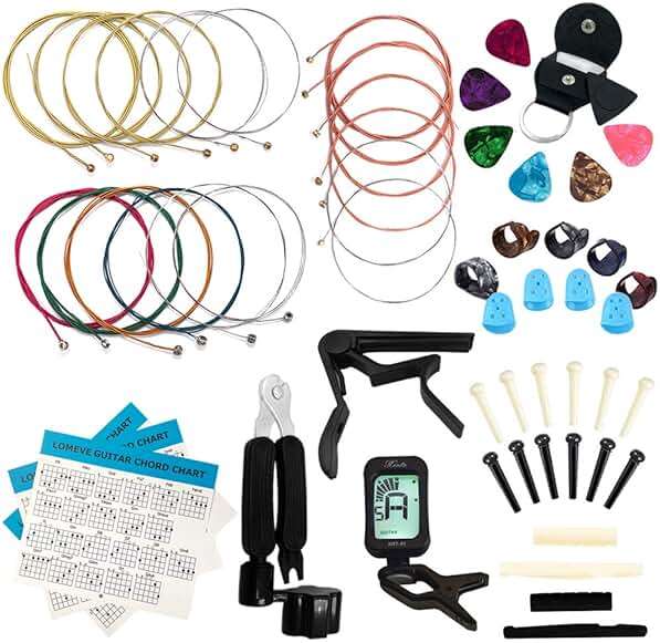 LOMEVE Guitar Accessories Kit Include Acoustic Strings, Tuner, Capo, 3-in-1 Restring Tool, Picks, Pick Holder, Bridge Pins, Nuts & Saddles, Finger Protector, Chord Chart (58PCS) - Image 1