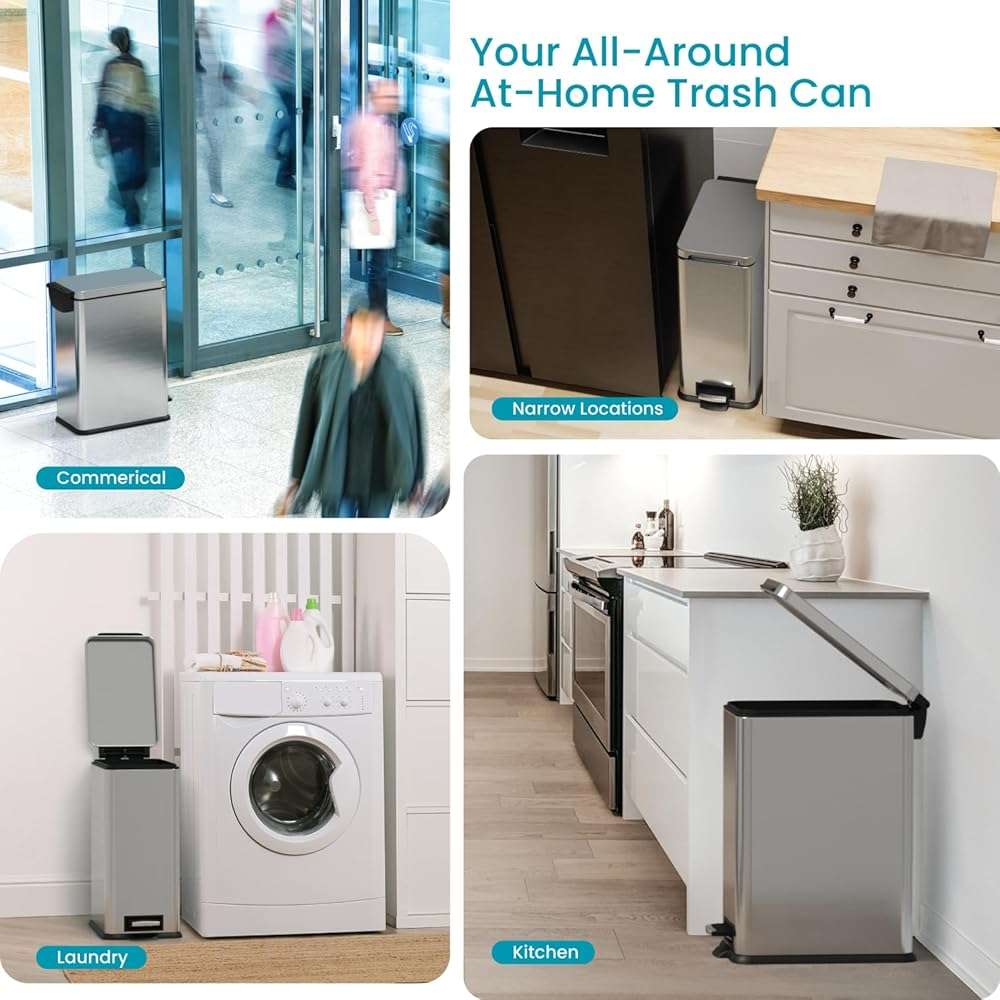 Home Zone Living 8 Gallon Kitchen Trash Can with Slim Fit Design | Stainless Steel with Soft-Close Step Pedal Lid, Bag Tuck Band for Easier Bag Changes, Rectangular Shape, Silver - Image 4