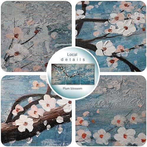 amatop Extra Large Wall Art for Living Room 100% Hand-Painted Framed Decorative Plum Floral Oil Painting Set Decorative Modern Blue Tree Artwork Ready to Hang - Image 4