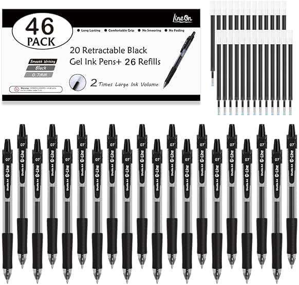 Lineon 46 Pack Black Gel Ink Pens (20 Gel Pens with 26 Refills) Medium Point Retractable Writing Smooth Writing with Comfortable Grip for Office School - Image 1