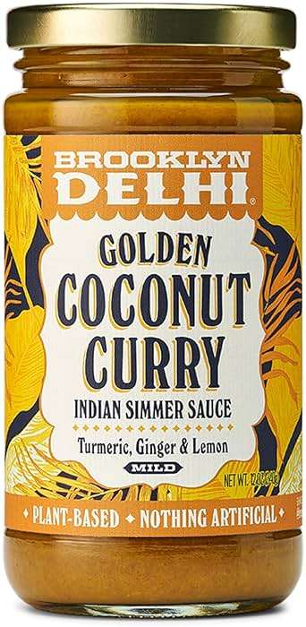Brooklyn Delhi Golden Coconut Curry - Indian Simmer Sauce with Turmeric, Ginger, Lemon, & Coriander - 12 Ounces - Mild Enough for a kid, Flavorful Enough for a Foodie - Vegan - No Artificial Additives - Image 1