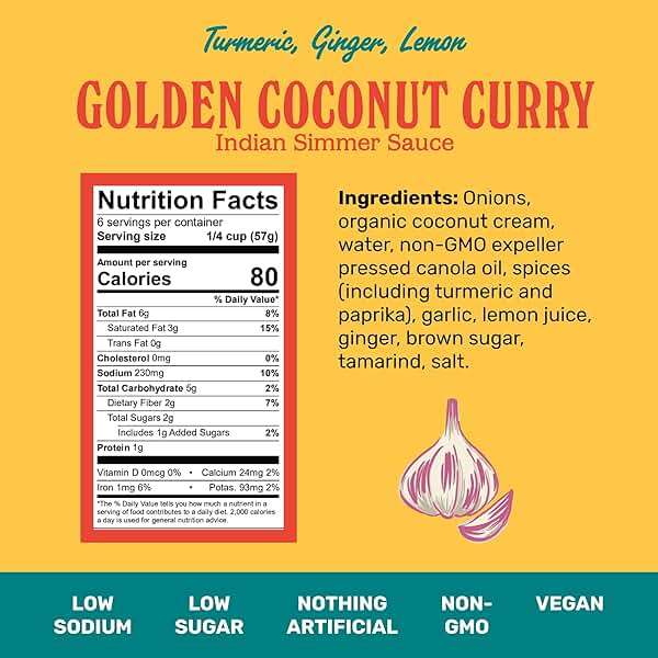 Brooklyn Delhi Golden Coconut Curry - Indian Simmer Sauce with Turmeric, Ginger, Lemon, & Coriander - 12 Ounces - Mild Enough for a kid, Flavorful Enough for a Foodie - Vegan - No Artificial Additives - Image 2