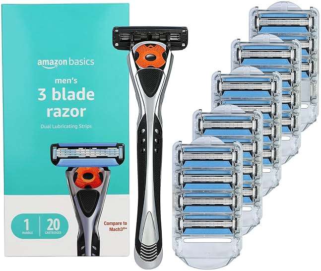 Amazon Basics 3-Blade Motion Sphere Razor for Men with Dual Lubrication, Pivoting Head for Comfortable Shave, Handle & 20 Cartridges, 21 Piece Set, Black (Previously Solimo) - Image 1