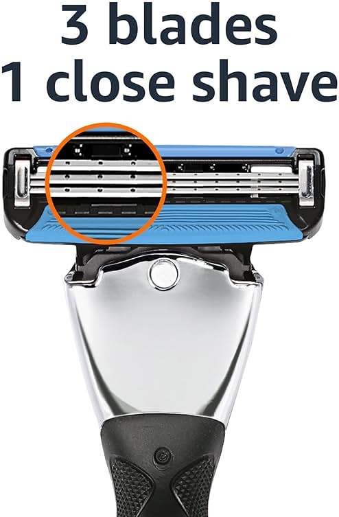 Amazon Basics 3-Blade Motion Sphere Razor for Men with Dual Lubrication, Pivoting Head for Comfortable Shave, Handle & 20 Cartridges, 21 Piece Set, Black (Previously Solimo) - Image 4