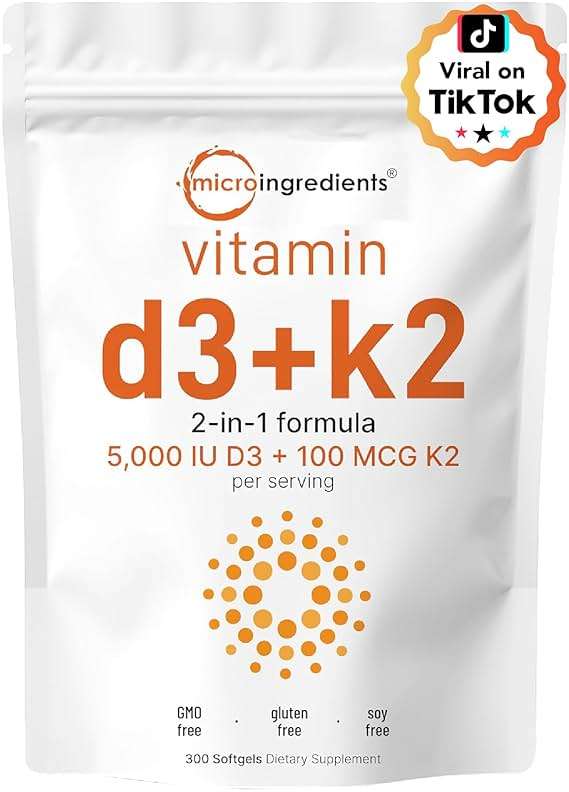 Micro Ingredients Vitamin D3 5,000 IU + K2 MK-7 100 mcg, 300 Softgels | 2-in-1 Vitamins D & K Complex | Extra Strength, Easy to Swallow, Non-GMO, Gluten Free - Image 1