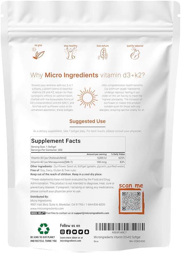 Micro Ingredients Vitamin D3 5,000 IU + K2 MK-7 100 mcg, 300 Softgels | 2-in-1 Vitamins D & K Complex | Extra Strength, Easy to Swallow, Non-GMO, Gluten Free - Image 2