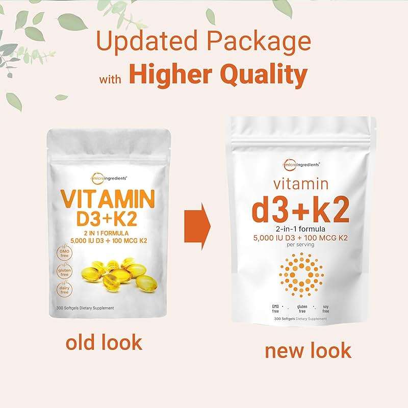 Micro Ingredients Vitamin D3 5,000 IU + K2 MK-7 100 mcg, 300 Softgels | 2-in-1 Vitamins D & K Complex | Extra Strength, Easy to Swallow, Non-GMO, Gluten Free - Image 3