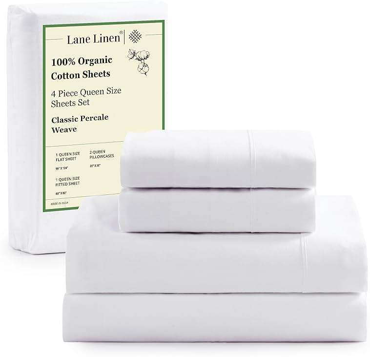 LANE LINEN Queen Sheets 100% Organic Cotton 4pc Percale Cooling - White | Queen Sheet Set, GOTS Certified Organic Cotton Percale - Crisp, Cool & Breathable, For Hot Sleepers, All-Season Comfort - Image 1