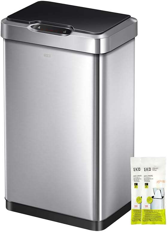 EKO Mirage-T 50 Liter / 13.2 Gallon Touchless Rectangular Motion Sensor Trash Can, Brushed Stainless Steel Finish - Image 1
