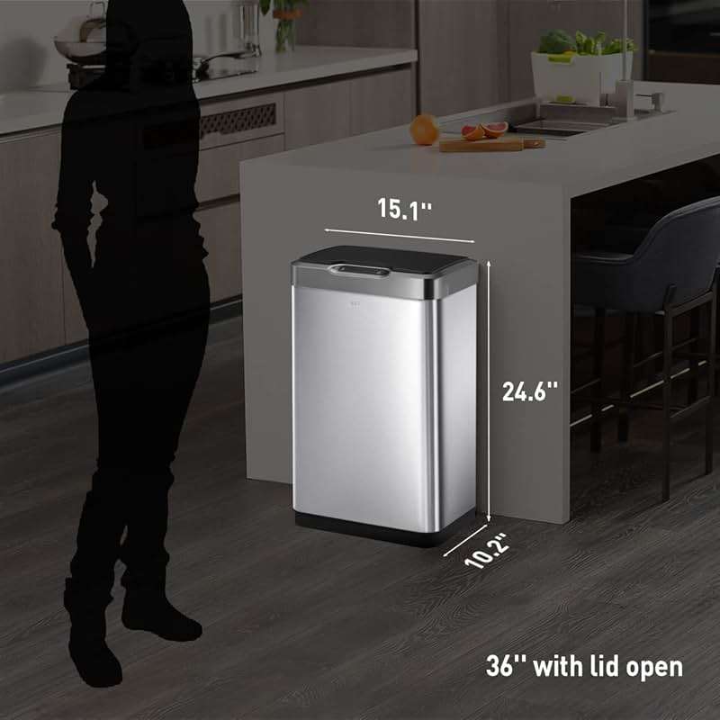 EKO Mirage-T 50 Liter / 13.2 Gallon Touchless Rectangular Motion Sensor Trash Can, Brushed Stainless Steel Finish - Image 3