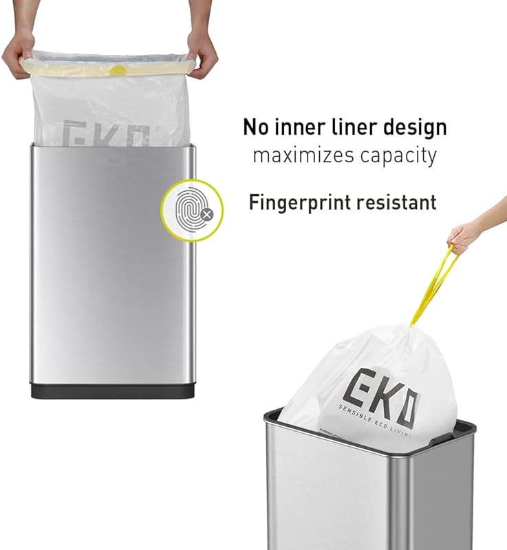 EKO Mirage-T 50 Liter / 13.2 Gallon Touchless Rectangular Motion Sensor Trash Can, Brushed Stainless Steel Finish - Image 6
