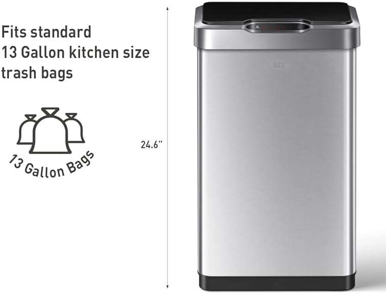 EKO Mirage-T 50 Liter / 13.2 Gallon Touchless Rectangular Motion Sensor Trash Can, Brushed Stainless Steel Finish - Image 8
