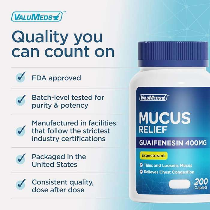 ValuMeds Mucus Relief Guaifenesin 400mg (200 Caplets) | Maximum Strength | Mucus Thinning for Colds, Chest Congestion, Flu, Coughing | Expectorant & Decongestant - Image 6