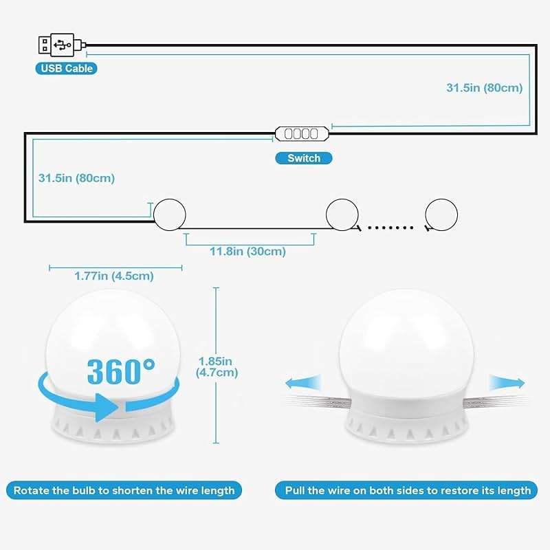 Pretmess LED Vanity Mirror Lights, Hollywood Style With 14 Dimmable Bulbs, Adjustable Color & Brightness, USB Cable, Stick-on for Makeup Table Dressing Room - Image 4