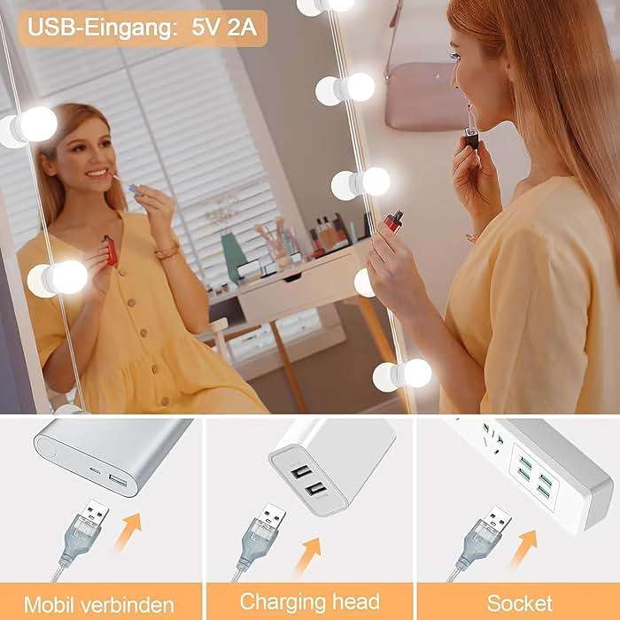 Pretmess LED Vanity Mirror Lights, Hollywood Style With 14 Dimmable Bulbs, Adjustable Color & Brightness, USB Cable, Stick-on for Makeup Table Dressing Room - Image 6