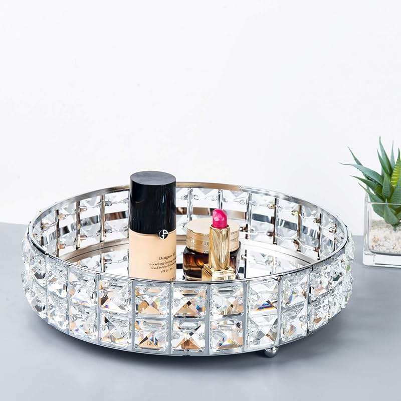Feyarl Crystal Perfume Vanity Makeup Tray Mirrored Ornate Jewelry Trinket Tray Organizer Sparkly Bling Cosmetic Skin Care Decorative Tray with Glass Bottom Surface for Home Decor Dresser Desktop - Image 1