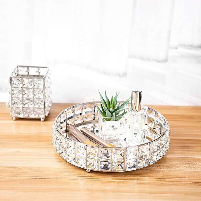 Feyarl Crystal Perfume Vanity Makeup Tray Mirrored Ornate Jewelry Trinket Tray Organizer Sparkly Bling Cosmetic Skin Care Decorative Tray with Glass Bottom Surface for Home Decor Dresser Desktop - Image 6